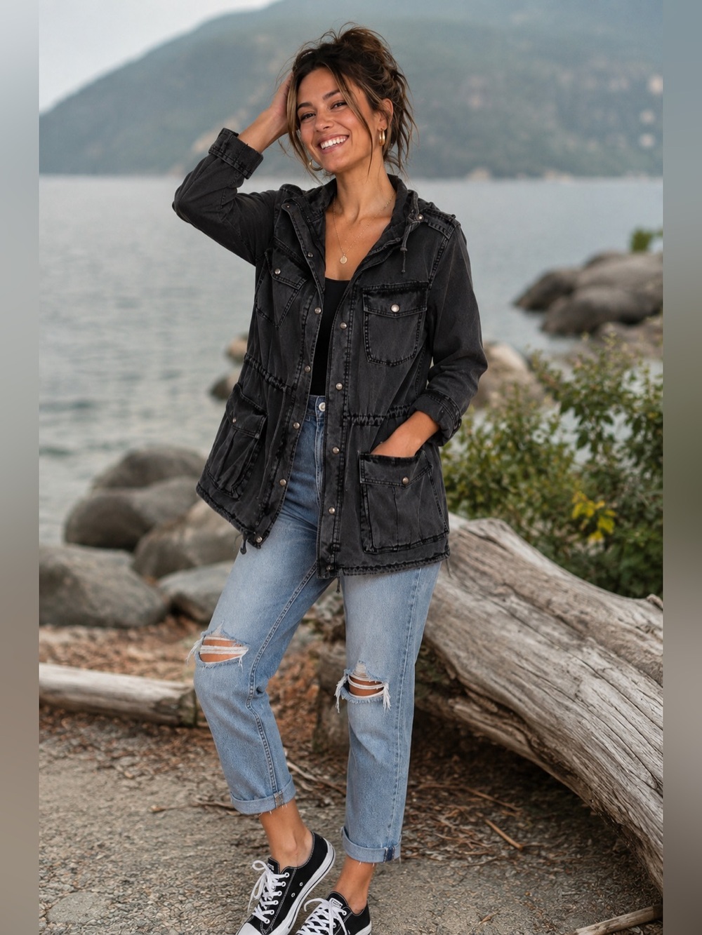 Talula Utility Anorak Jacket with Front Flap Pockets Distressed Style